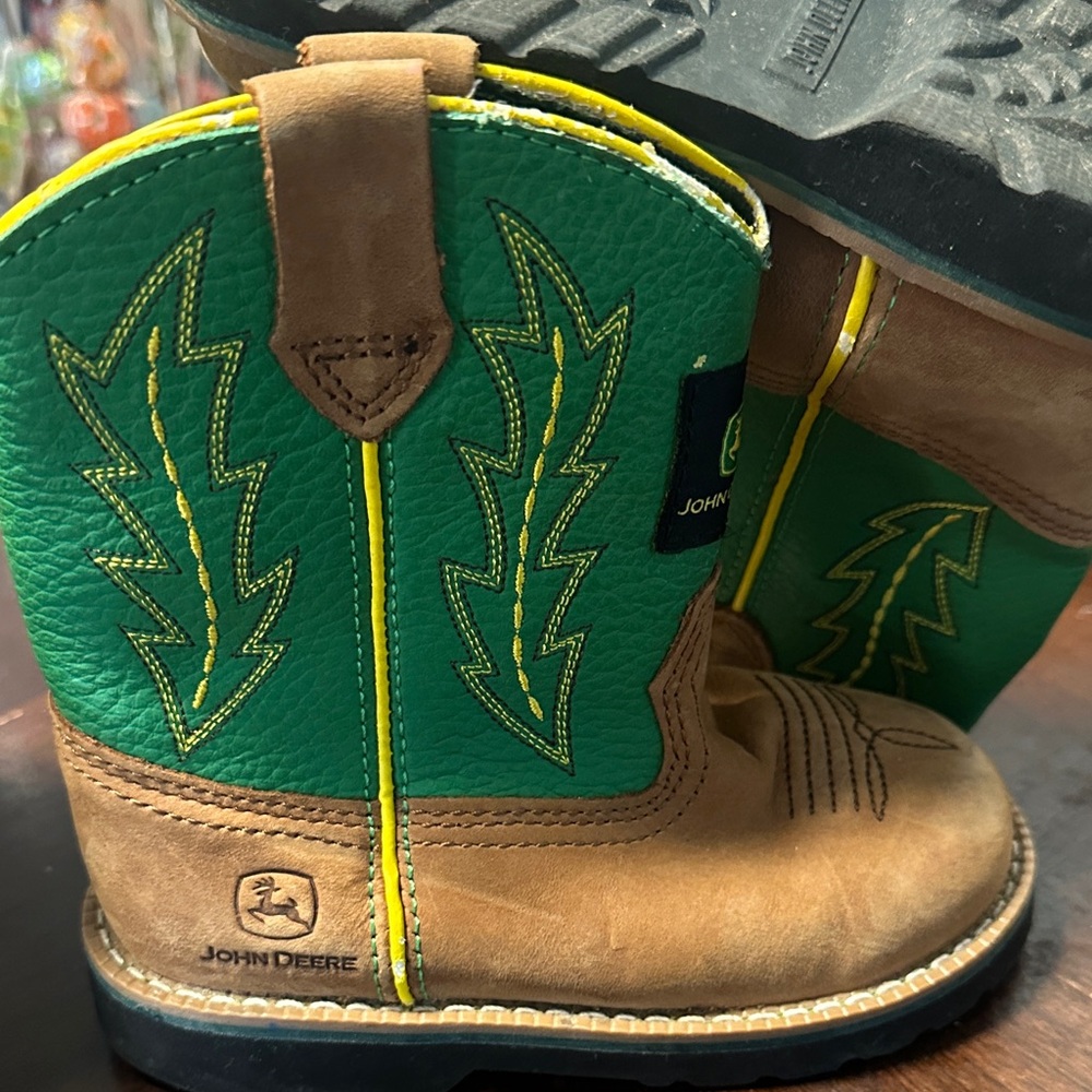 John Deere Kids Green and Tan Boots